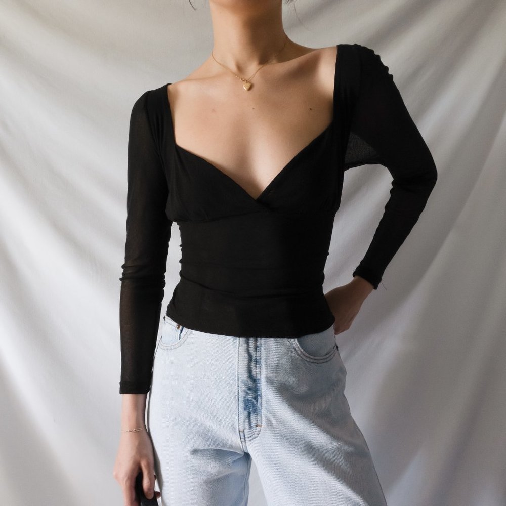 vintage 90s y2k black noir layered mesh sweetheart bustier style long sleeve blo - Picture 6 of 10